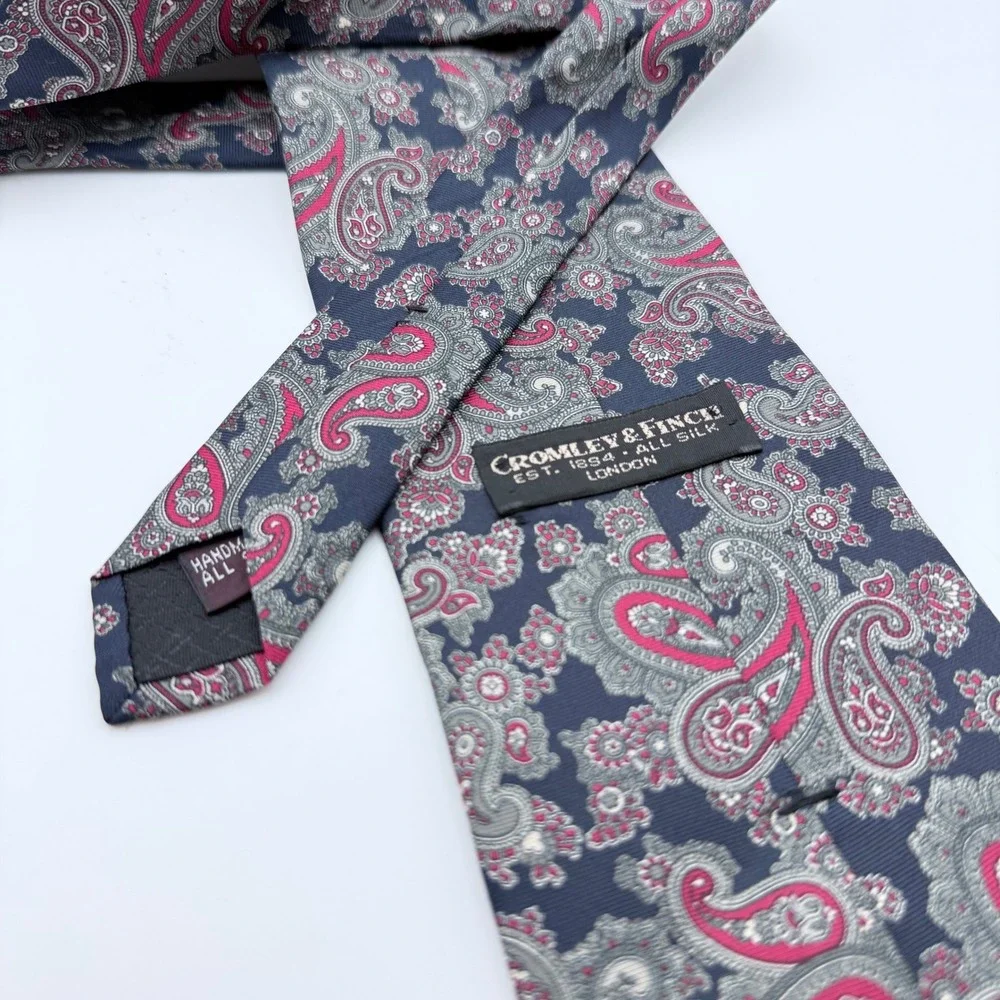 Cromley & Finch London Handmade All Silk Paisley Tie Navy‎ Blue Burgundy 4 Inch